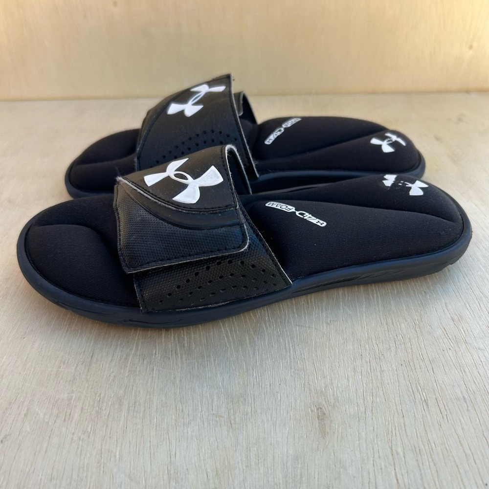Under Armour Kids Boys Black White 4D Foam Adjustable Slides Sandals Shoes 4Y